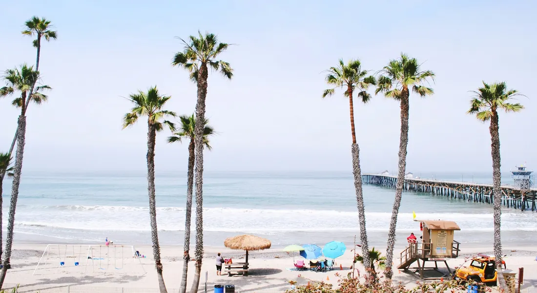 San Clemente beach and pier lined with palm trees
