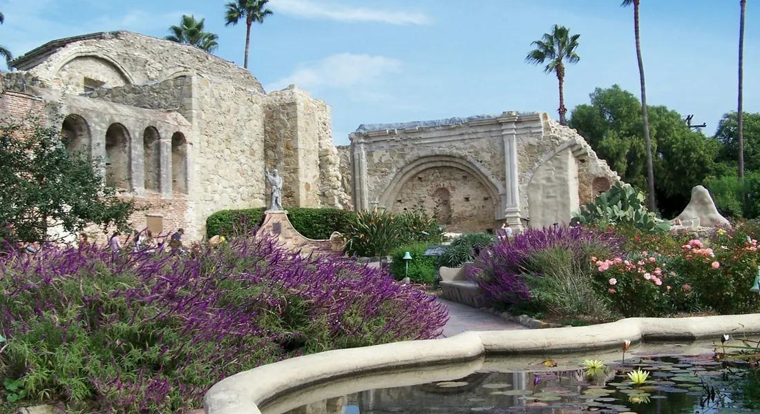 Gardens and stone ruins at Mission San Juan Capistrano