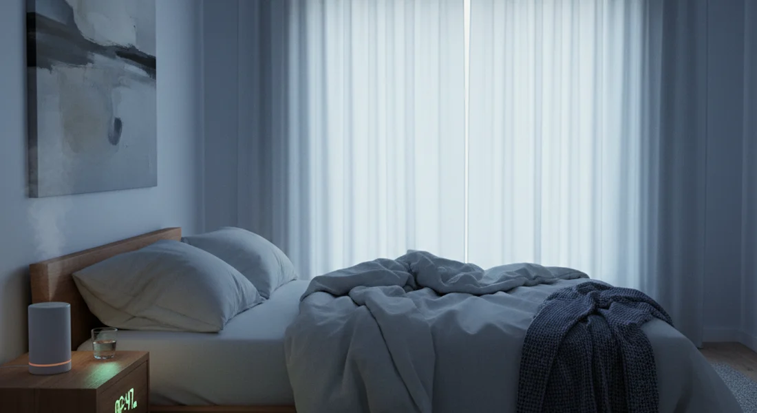 A dimly lit bedroom with soft lamplight and rumpled covers at night