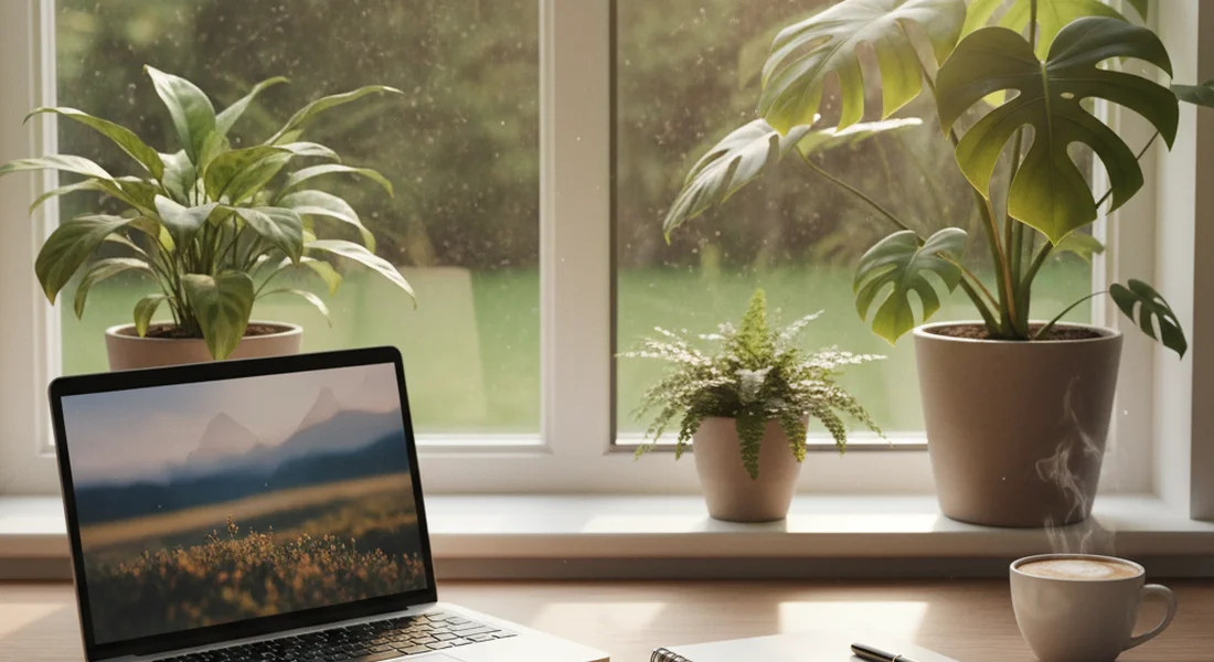 Laptop and notebook on a desk with warm natural light from a window
