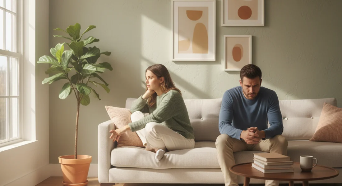 Couple sitting together on a couch with visible emotional distance between them