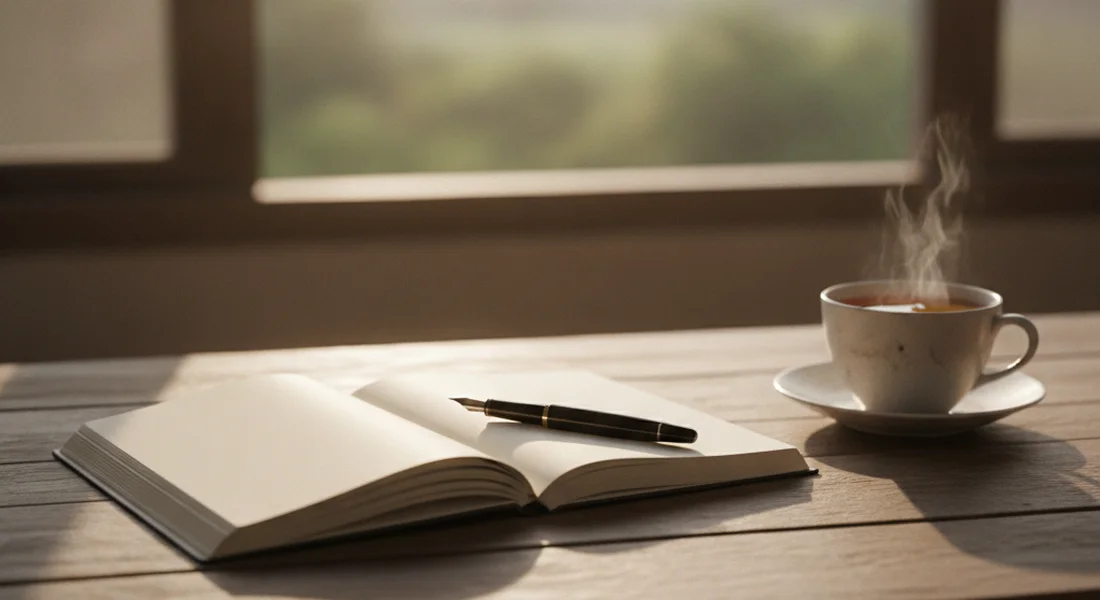 An open notebook and pen on a wooden desk beside a window in soft morning light