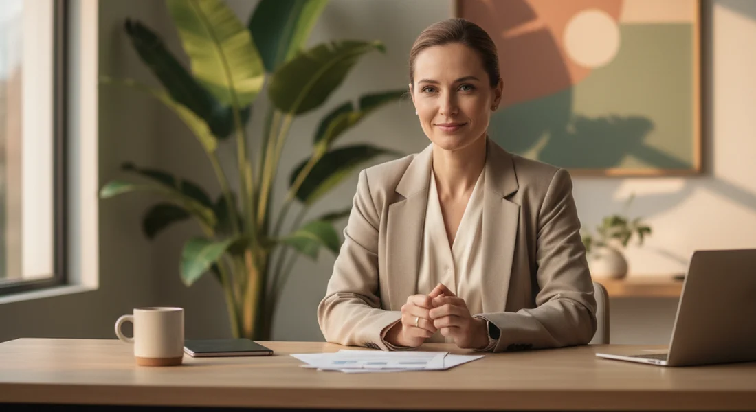 Professional woman at desk appearing composed while managing hidden anxiety