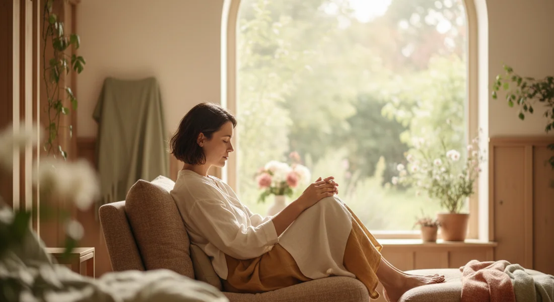 Woman holding her neck and shoulders showing physical tension from anxiety