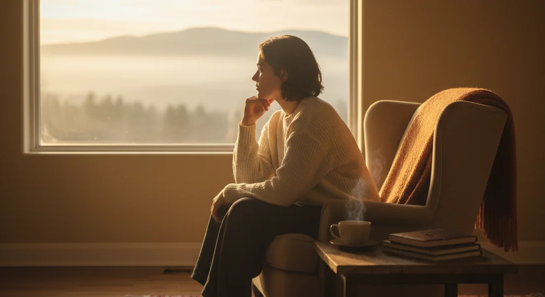 Person sitting quietly looking out a window reflecting on their thoughts
