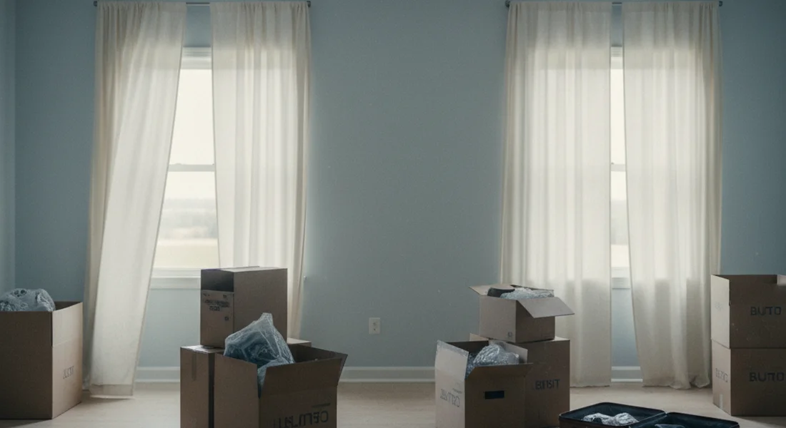 Empty room with moving boxes and soft light through curtains