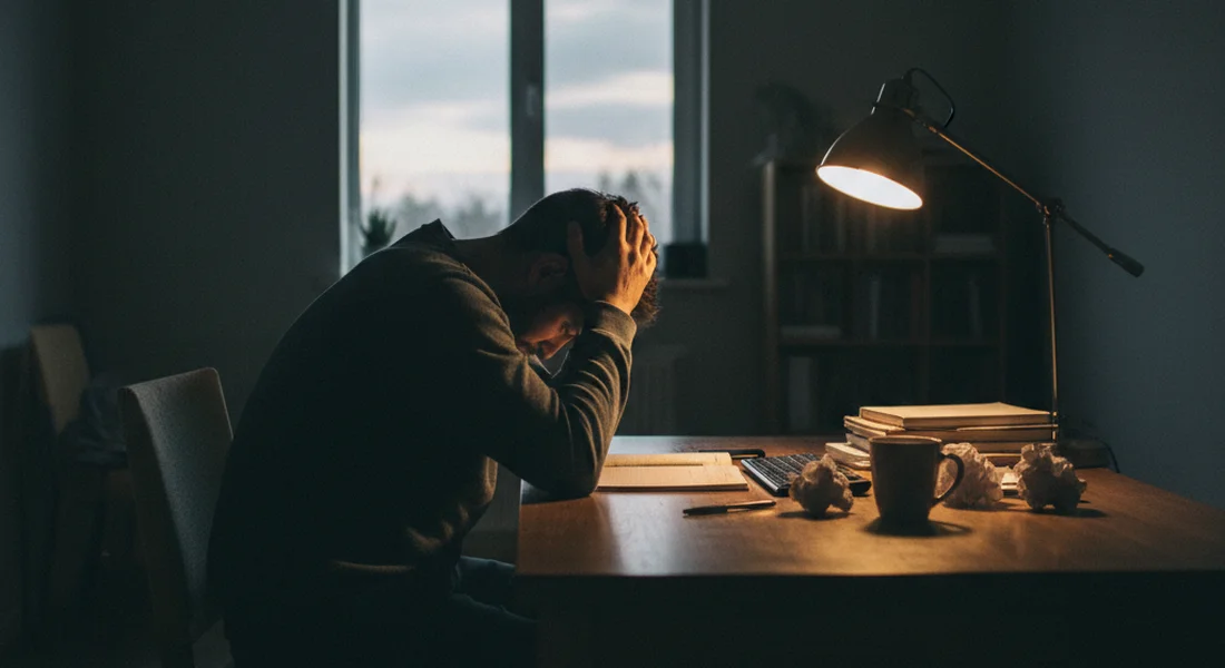 Person resting head in hands at a desk looking exhausted in soft warm light