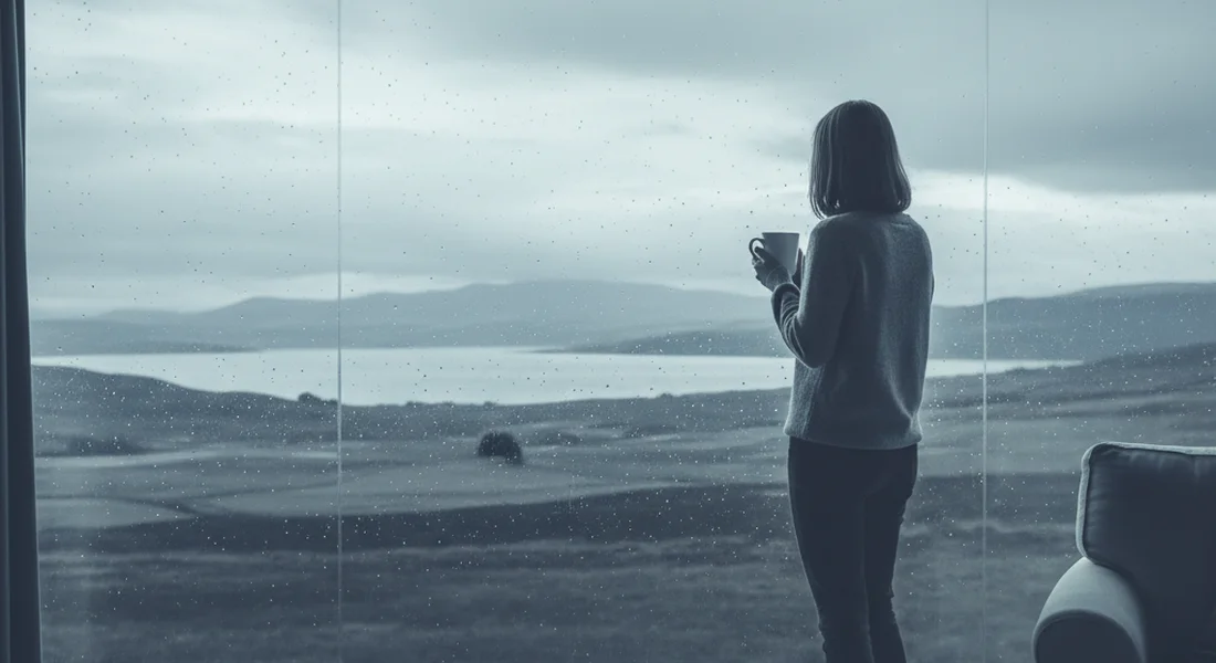 Person looking out a rain-speckled window with a coffee cup in hand