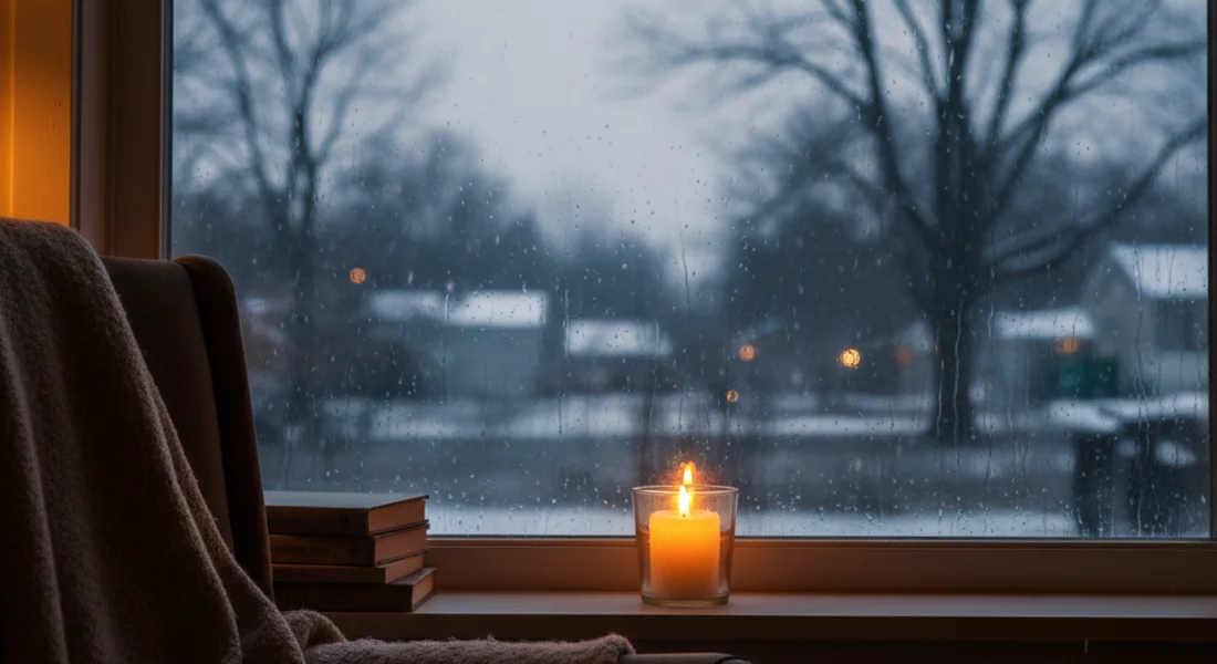 A quiet room with muted holiday lights and a single empty chair