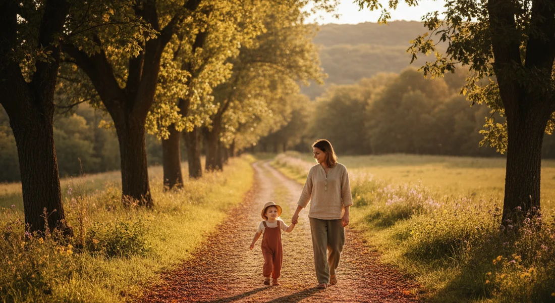 Parent and child walking together on a tree-lined path in warm light