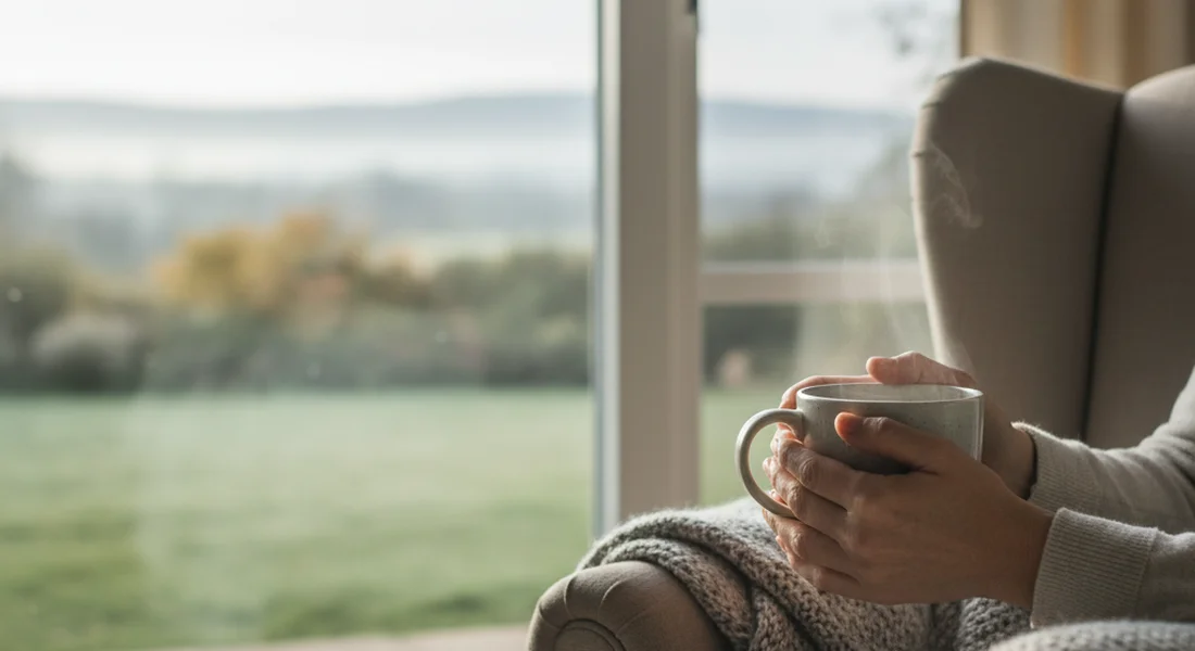 Hands holding a cup of tea by a window in soft morning light representing rest