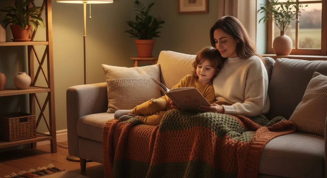 Parent sitting with a child reading together in warm soft light