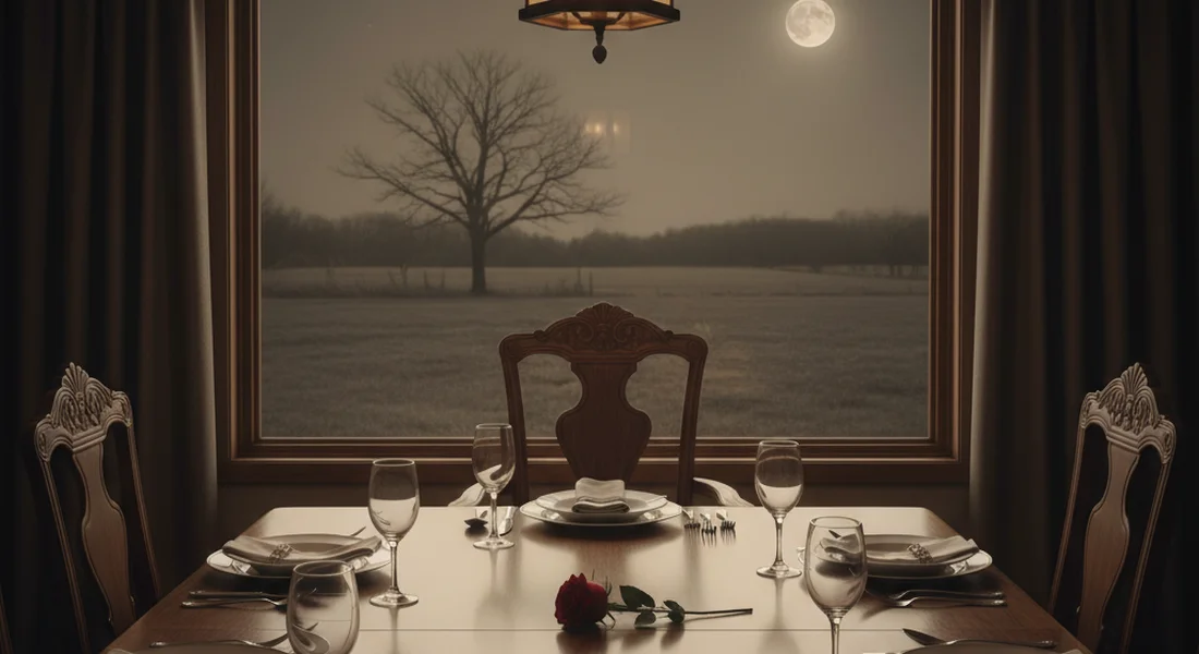 An empty chair at a dining table in soft natural afternoon light