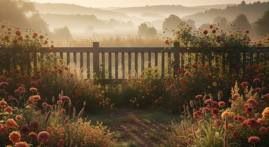 A garden fence with flowers growing on both sides in soft morning light