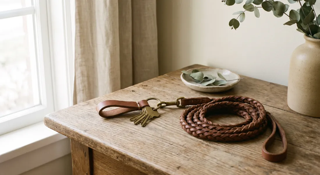 House keys and a coiled leather dog leash on a wooden table by a window