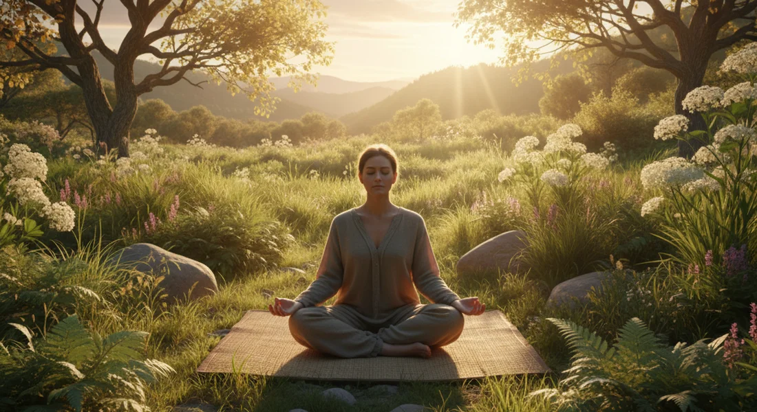 Hands resting gently on knees in a calm meditative pose with soft warm light
