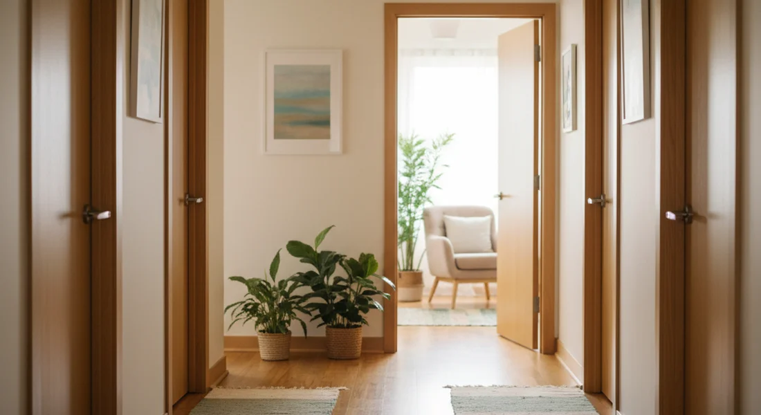 An open door with warm light streaming through in a calm hallway