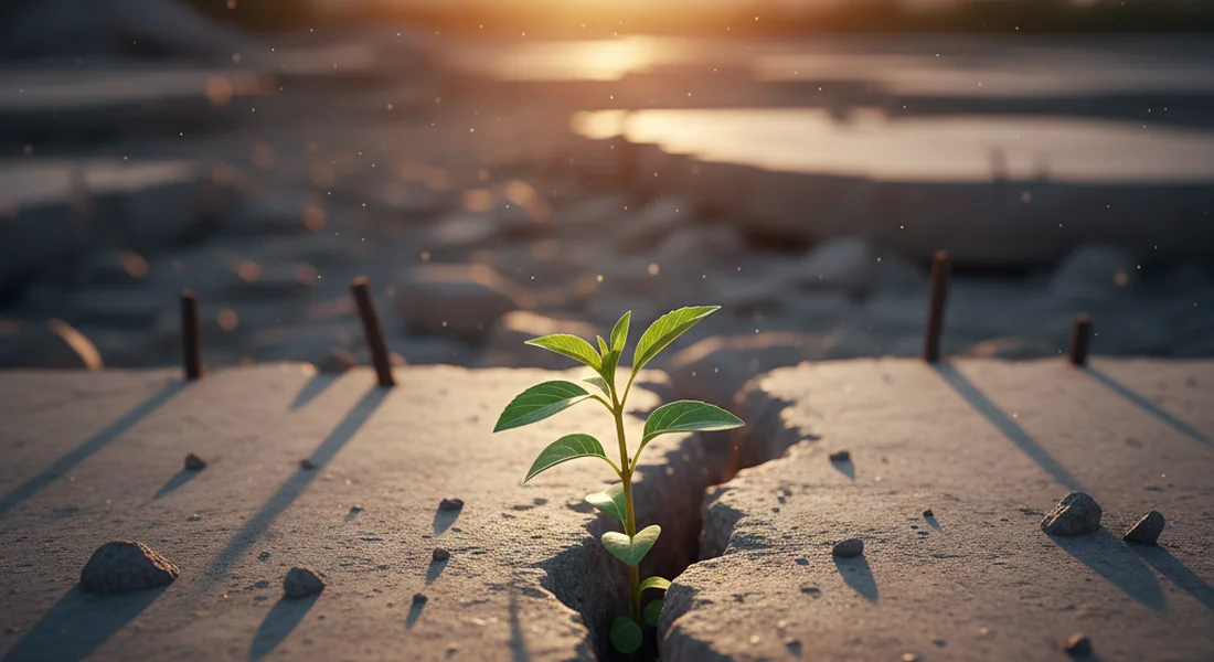 A small green plant growing through a crack in stone in warm light