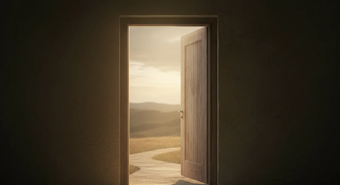 An open door with warm light spilling through into a darker room