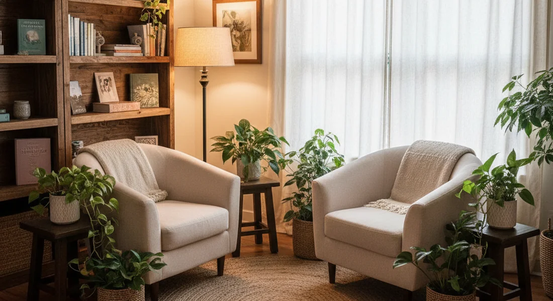 Warm therapy office with soft lighting and comfortable seating