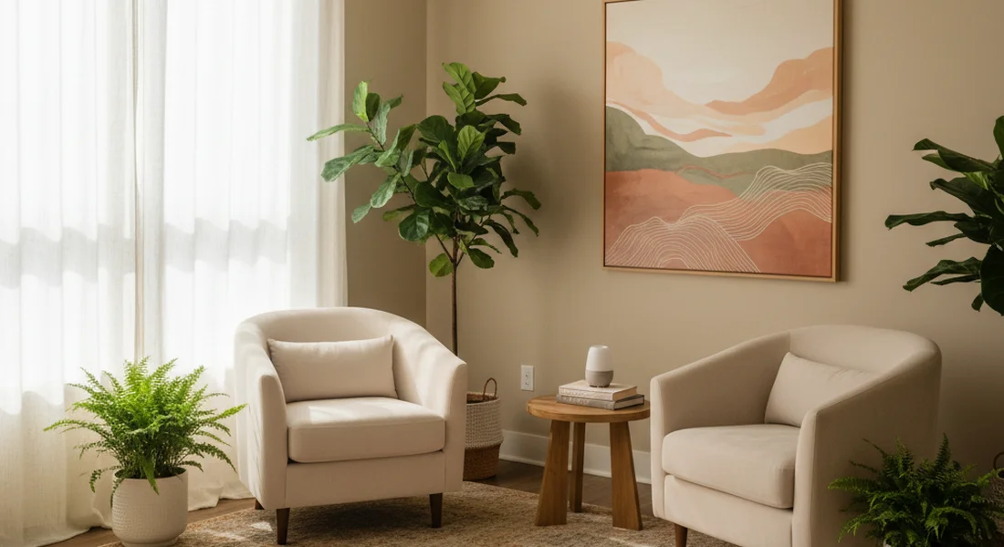 Two empty chairs facing each other in a warm therapy office with natural light
