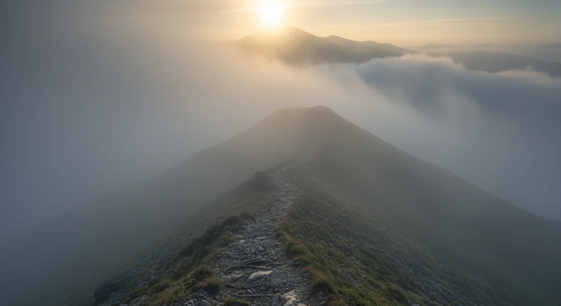A rocky path leading upward through morning mist toward clearing sky