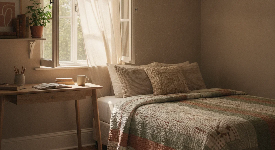 A tidy, sunlit bedroom with a made bed and an open window in a quiet house
