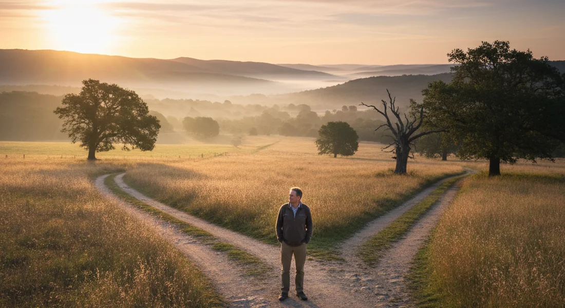 A winding trail through open hills at golden hour with wide sky