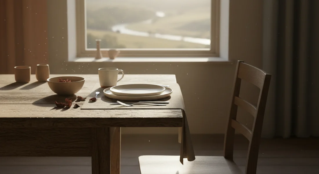 Single place setting at a table by a window in warm morning light