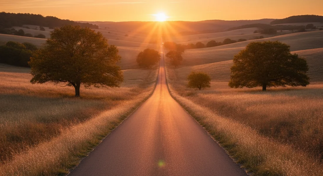 An open road stretching toward the horizon in warm afternoon light