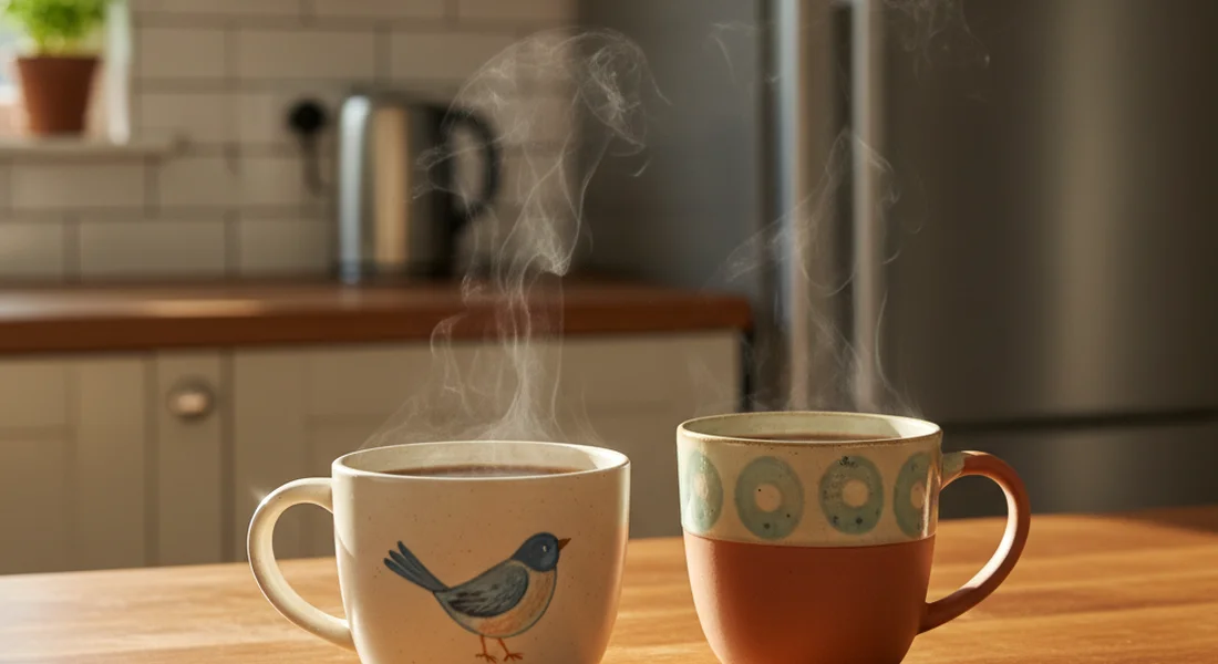 Two coffee cups on a kitchen counter with morning light casting soft shadows