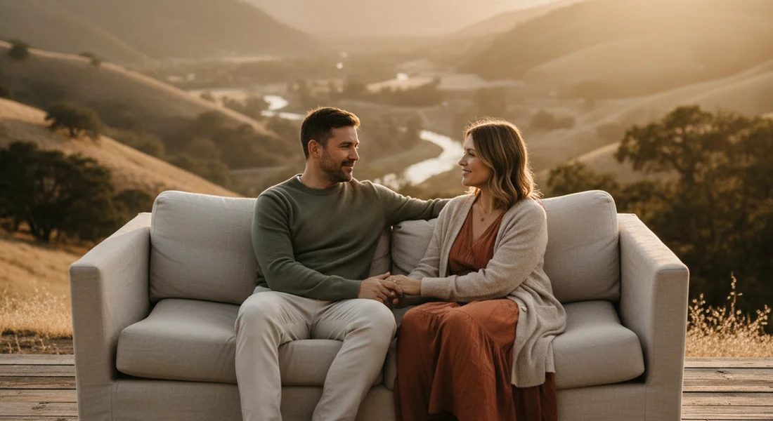 Two people in conversation with gentle body language in a warm living room