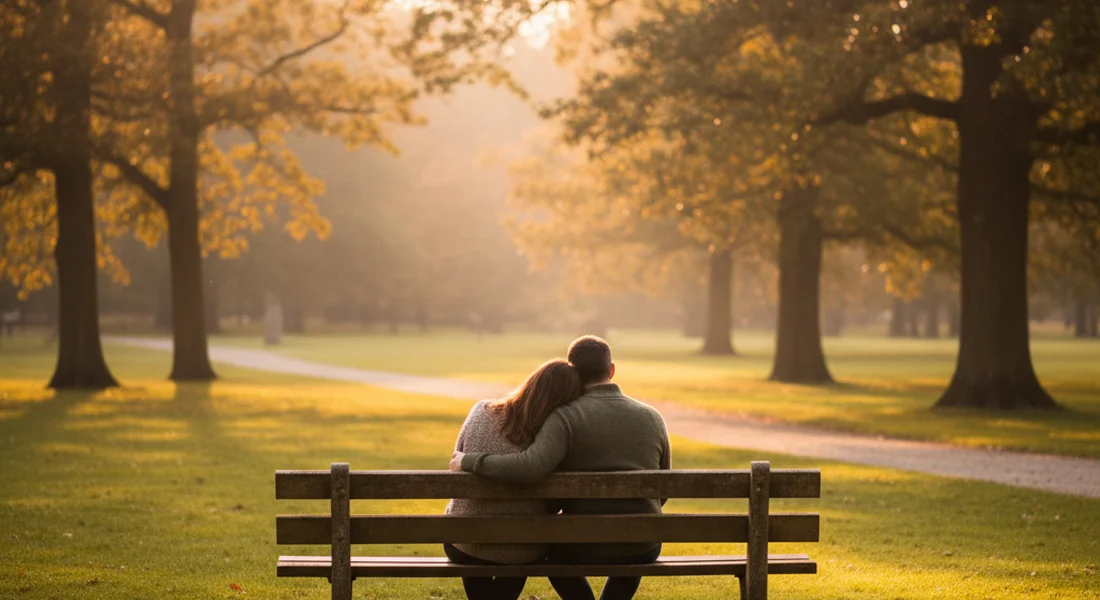 Couple sitting close together on a park bench with warm golden hour light