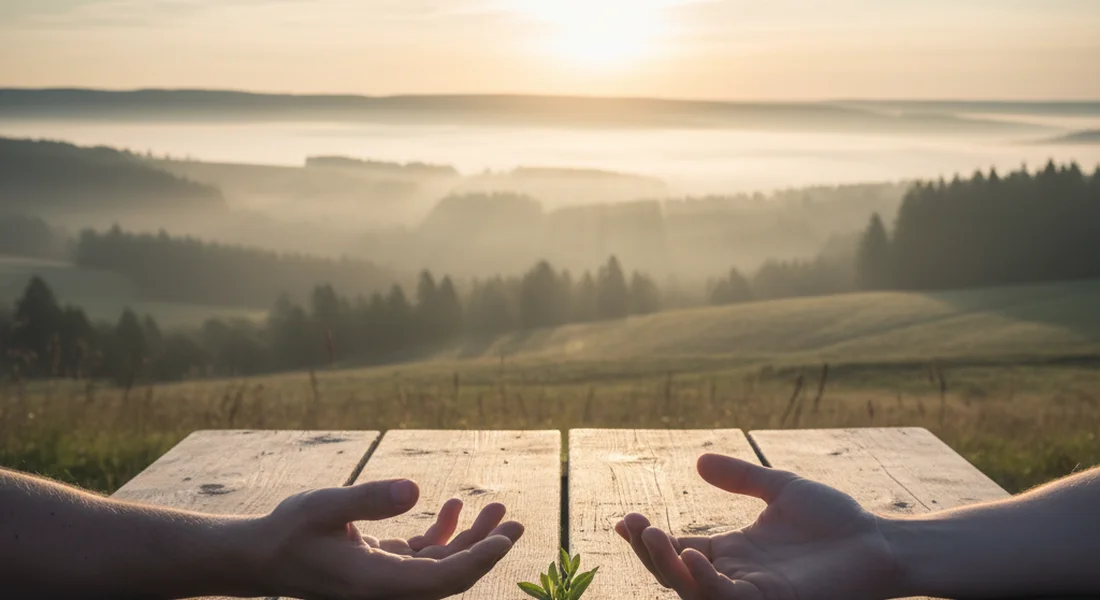 Two hands reaching toward each other across a wooden table in warm light