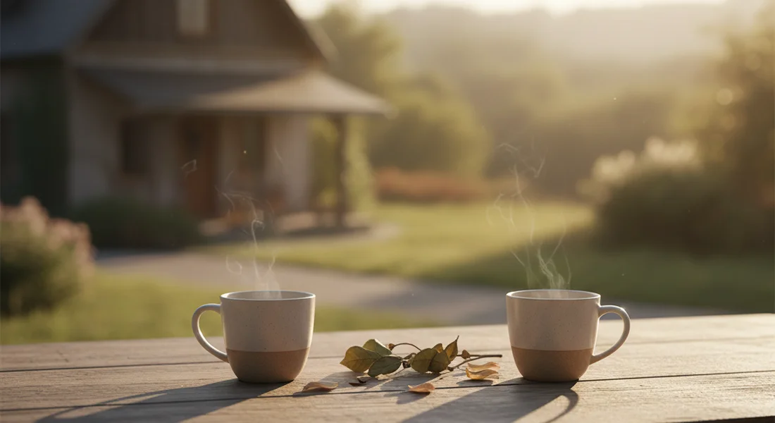 Two coffee cups on a table between two people suggesting conversation