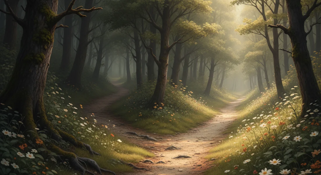 Two paths diverging in a quiet forest with soft dappled light