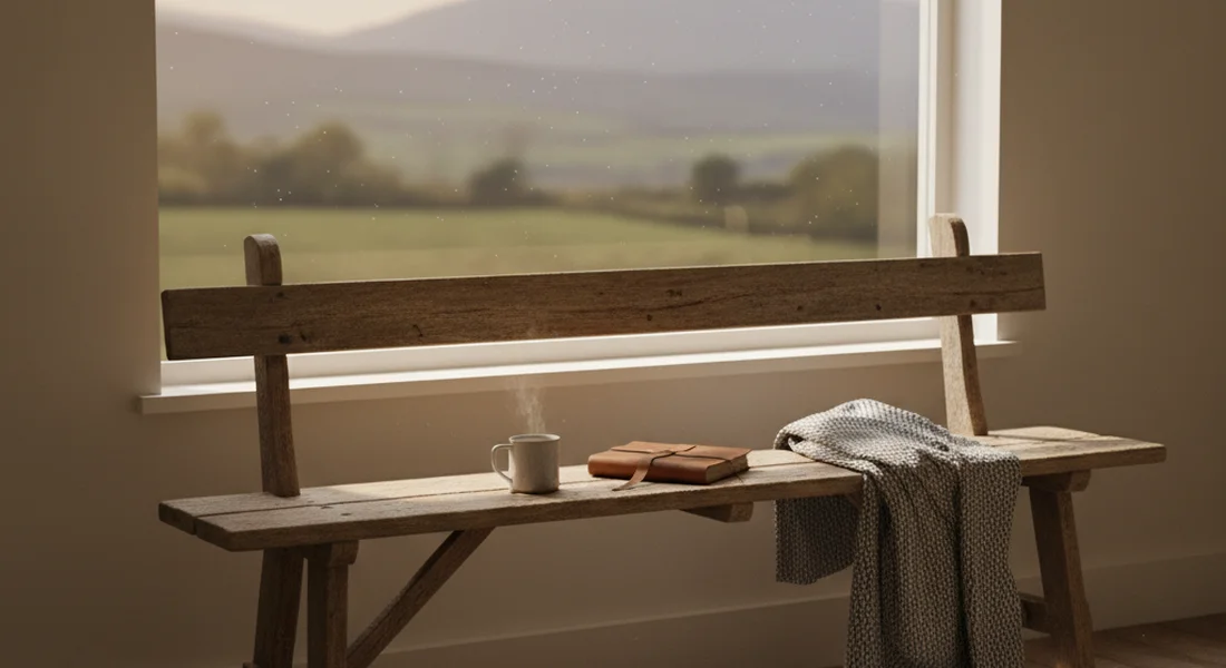 Person looking at old photographs in soft warm light representing childhood reflection