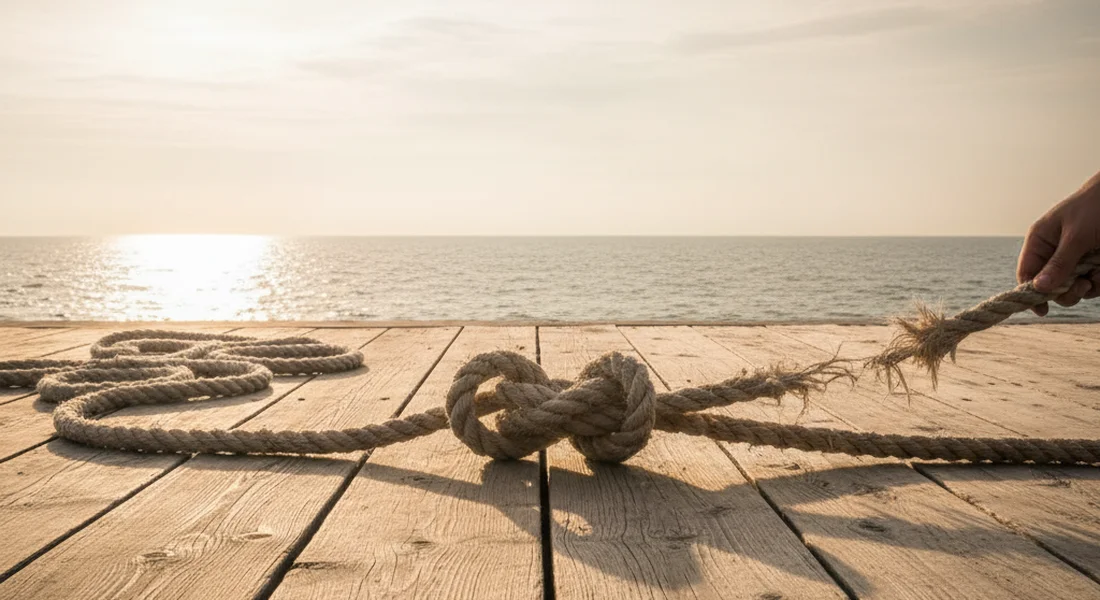 A tangled rope slowly being unwound in warm soft light