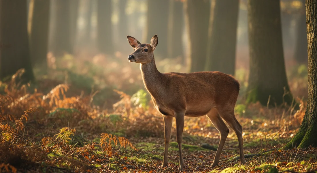 A deer standing alert in soft forest light representing the freeze response