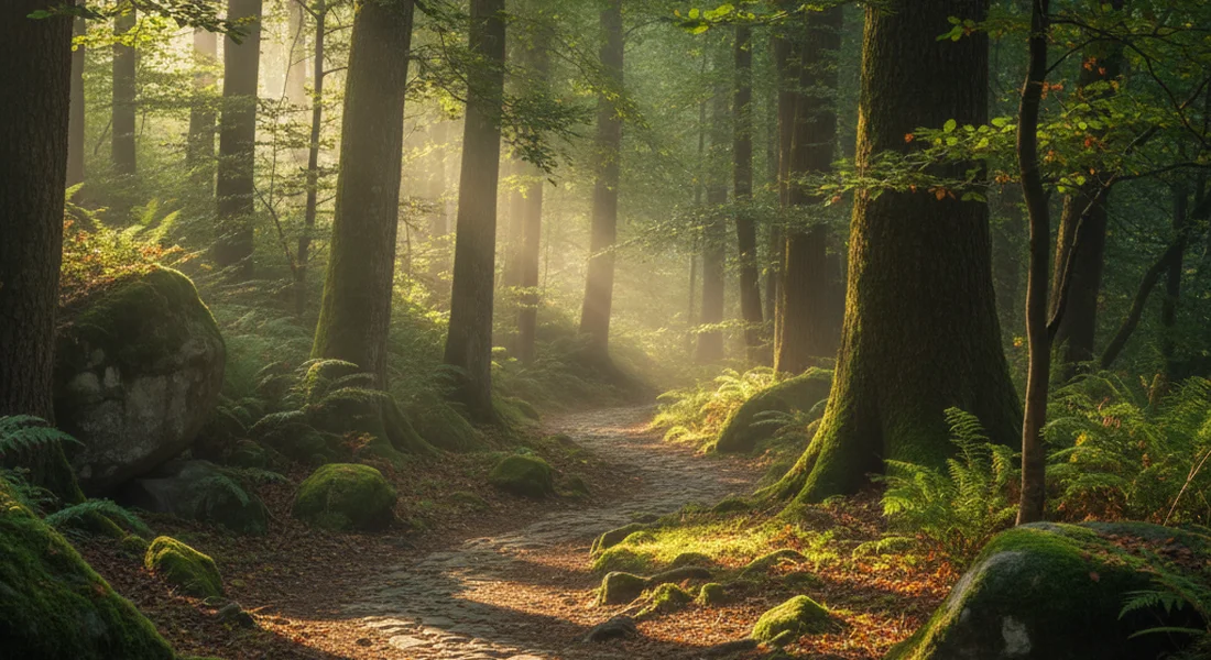 Soft light filtering through trees representing nervous system calm after trauma