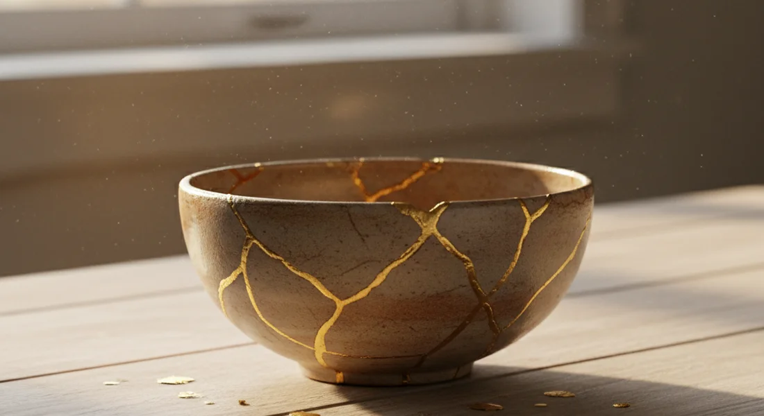 Cracked ceramic bowl repaired with gold in the kintsugi style